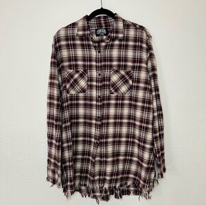 One 24 Rags Tunic Button Up Plaid Distressed Cotton Flannel Top Women’s Size XL